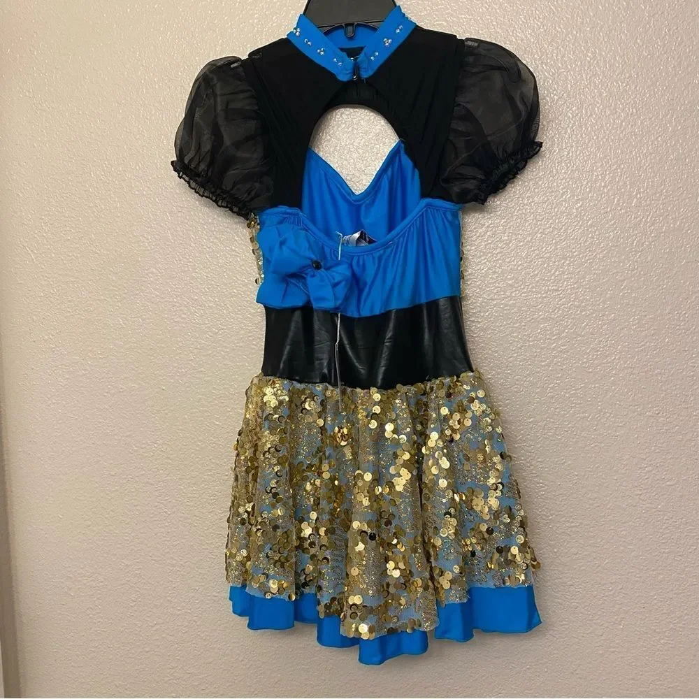 Glamour solo dance costume blue faux leather lace up dress XLC child SA NWT